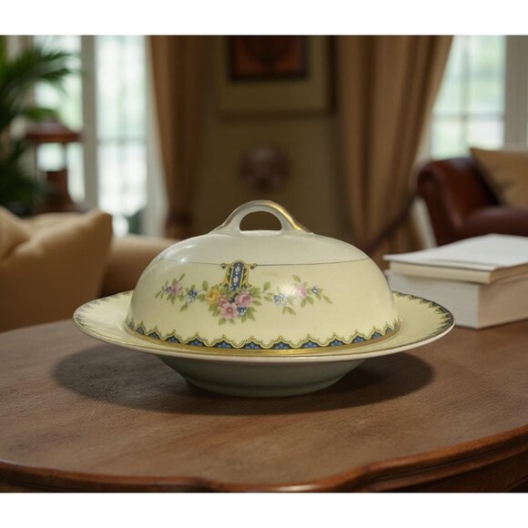 Vintage Covered Butter Dish – Noritake Japan Romeo, Cottagecore Blue Gold China, - Picture 1 of 9